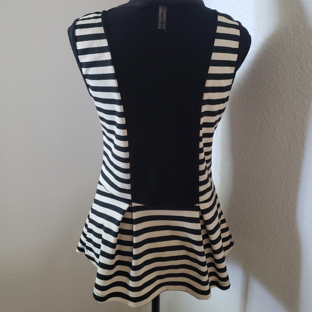 Womens Black/white Striped Sexy Peplum Top w/Mesh - Picture 8 of 8